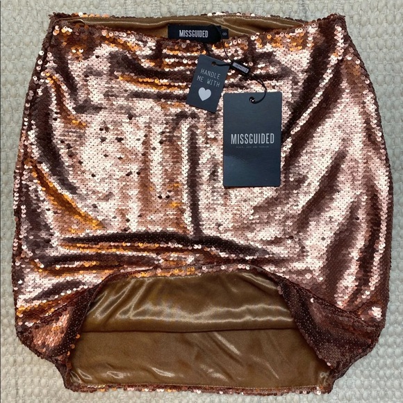 NEW MISSGUIDED Bronze Colored Sequin Mini Skirt 4 - Picture 6 of 8